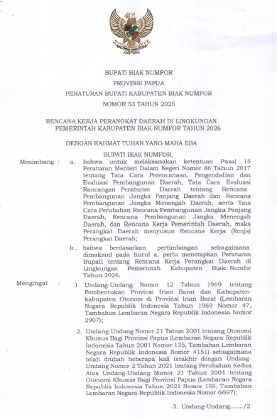 Rencana Kerja Perangkat Daerah Di Lingkungan Pemerintah Kabupaten Biak Numfor Tahun 2026